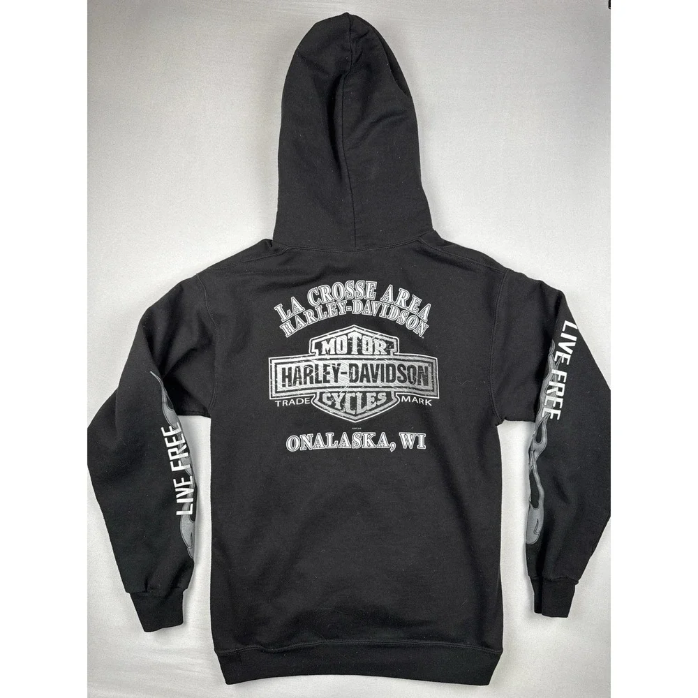 Harley Davidson Flames Hoodie Small Black Live Free Ride Free Onalaska WI